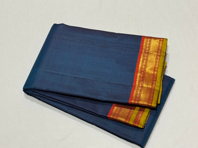 Deep Sapphire Blue with Burnt Orange Small Borders Handwoven Pure Jari Kanjivaram Silk Saree Beauty