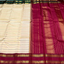 Vaibhogam- Fantastic Light Beige with Arakku and Green Handwoven Pure Jari Korvai Kanjivaram Silk with gorgeous neli veldhari woven body with rich rettapet borders gorgeous seepu rekku pallu and contrast woven arakku blouse