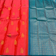 Bright Peach with Peacock Blue Green Muthukattam with Peacock Chariot Motifs Borderless Handwoven Pure Jari Kanjivaram Silk Saree Beauty