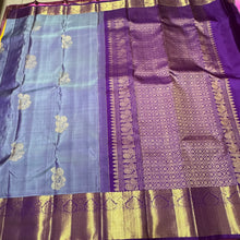 Lavenderish Blue with Purple Buttas with Long & Short Borders Handwoven Pure Jari Kanjivaram Silk Saree Beauty