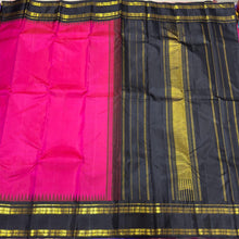 Deep Pink with Black Handwoven Pure Jari Korvai with Rettapet Fish Border Kanjivaram Silk Saree temple borders beauty