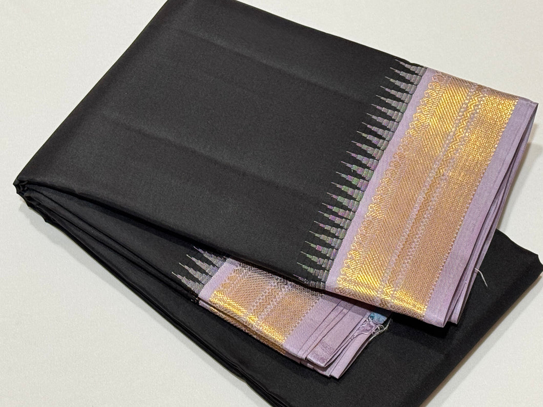 Black with Lavendar Korvai Handwoven Pure Kanjivaram Silk Saree Beauty