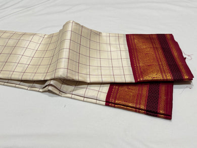 Offwhite with Deep red Checks Handwoven Pure Jari Korvai Kanjivaram Silk Saree Beauty