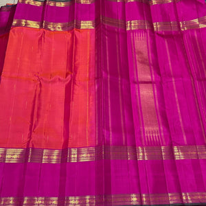 Orange with Pink Handwoven Pure Jari Kanjivaram Silk Saree with Doublepet Borders and Mallimoggu buttas Beauty