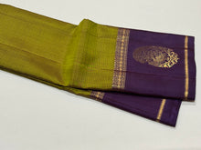 Olive Green with Dark Aubergine Purple Self Striped body with border paisley motifs Handwoven Pure Classic Simple Kanchipuram Silk Saree Beauty