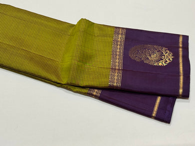 Olive Green with Dark Aubergine Purple Self Striped body with border paisley motifs Handwoven Pure Classic Simple Kanchipuram Silk Saree Beauty