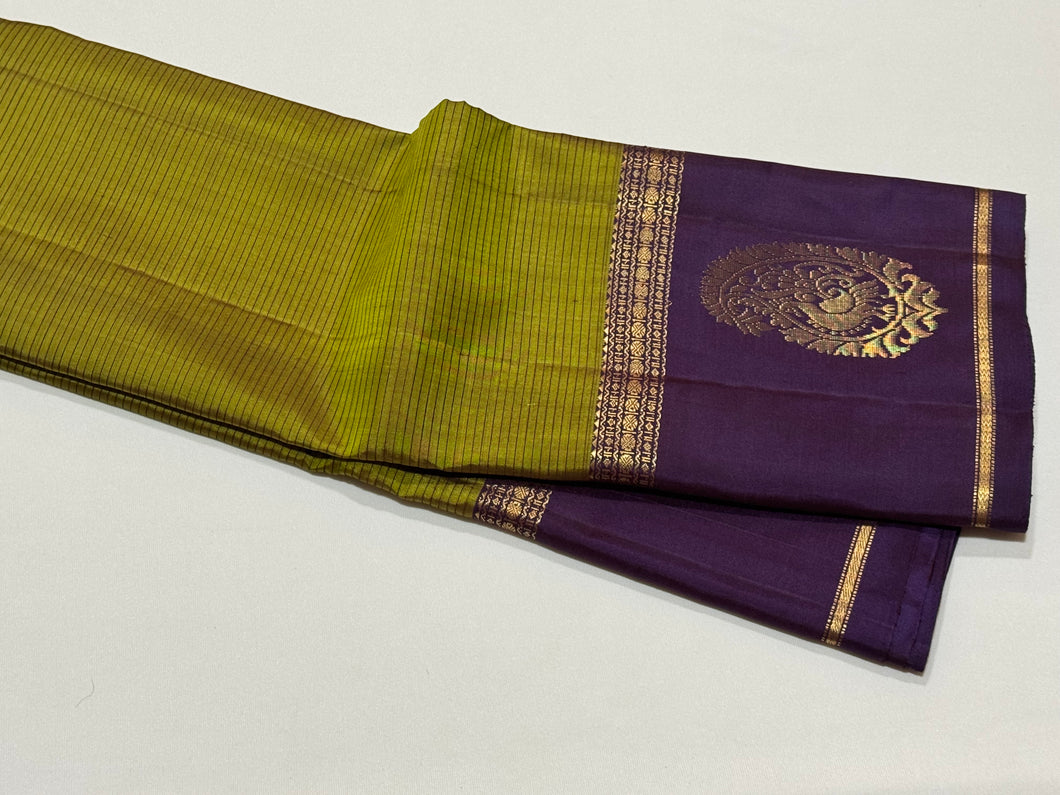 Olive Green with Dark Aubergine Purple Self Striped body with border paisley motifs Handwoven Pure Classic Simple Kanchipuram Silk Saree Beauty
