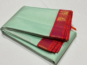 Pista Green with Orange Pink Korvai Handwoven Pure Jari Kanjivaram Silk Saree with Vairaoosi Body small 2.5 inch borders rich pallu beauty