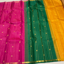 Saranga- Stunning Deep Rani Pink with Mayil Chakram Buttas woven body Handwoven Pure 2g Jari Kanjivaram Silk with double colored pallu and rich contrast golden mustard blouse
