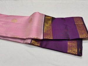 Lotus Pink with Deep Purple Vairaoosi with Buttas Handwoven Pure Jari Korvai Kanjivaram Silk Saree Beauty with Long Doublepet Borders