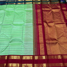Vaibhogam-Gorgeous Korvai Veldhari in a beautiful pastel green with peacock blue and arakku Ganga Jamuna Borders Handwoven Pure Jari Kanjivaram Silk with rich pallu and contrast woven blouse beauty