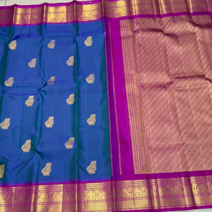 Peacock Blue with Purple Korvai with Buttas and Temples Handwoven Pure Jari Kanjivaram Silk Saree Beauty