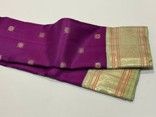 Deep Purple with Elakka Green in Kai Korvai Buttas Kanjivaram Silk Saree with beautiful diamonds and rudrakshas woven body intricate thambalam motifs woven borders rich pallu and contrast woven blouse
