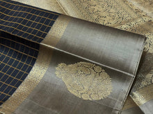 Black with Greyish Beige Handwoven Pure Kanjivaram Silk Saree with Muthukattam checked body with Gandaberunda Buttas woven borders rich pallu and contrast woven blouse