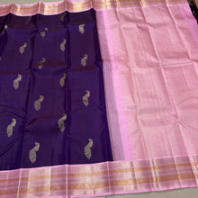 Vaibhogam- Beautiful Deep Purple with Baby Pink Handwoven Pure Jari Korvai Kanjivaram Silk with beautiful twisted gold and silver zari peacock motifs woven body with rich meenakari borders beautiful pallu and contrast woven blouse beauty