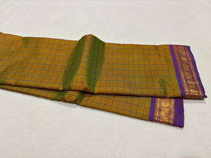 Dual tone Yellow Sampanga with Lavendar Checks Handwoven Pure Jari Kanjivaram Silk Saree Small Borders Beauty