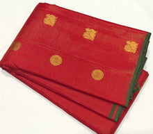 Saranga- Stunning Red with Gold Handwoven Pure Jari borderless vairaoosi with mayil chakram buttas woven Kanjivaram Silk with beautiful green selvedges rich pallu and self colored blouse