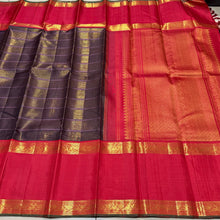 Vaibhogam- Stunning Kanchana Blackish Brown with Deep Red Handwoven Pure Vairaoosi and Neli Veldhari woven Korvai Kanjivaram Silk with broad rettapet borders rich pallu and contrast l woven blouse