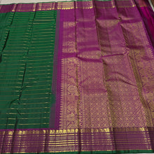 Sahana- Beautiful Deep Forest Green with Dark Magenta Handwoven Pure Jari Kanjivaram Silk with Jari Neliveldhari Striped body with rich borders pallu and contrast woven blouse