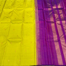 Lemon Yellow with Vadamalli Purple Handwoven Pure Jari Kanjivaram Silk Saree with Double thread striped borderless body with Flying horses and parrot motifs with rich pallu and jari striped blouse beauty