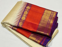 Ivory white with Purple and Orange Handwoven Pure Jari Korvai Kanjivaram Silk Saree with rich borders pallu and contrast woven blouse beauty