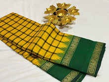 Yellow with Bottle Green Handwoven Pure Zariless Korvai Kanjivaram Silk Saree with doublepet temple borders beauty