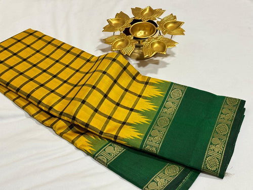 Yellow with Bottle Green Handwoven Pure Zariless Korvai Kanjivaram Silk Saree with doublepet temple borders beauty