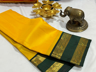 Sunshine Yellow with Sapphire Green Vairaoosi with Rettapet Borders Handwoven Pure Jari Korvai Kanjivaram Silk Saree Beauty