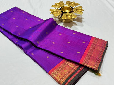 Vadamalli Purple with Double tone Orange with Buttas Handwoven Pure Kanjivaram Silk Saree Beauty