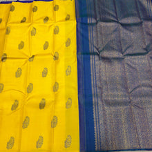 Bright Yellow with Peacock Blue Partly Pallu Handwoven Pure Jari Kanjivaram Silk Saree Meenakari buttas Beauty