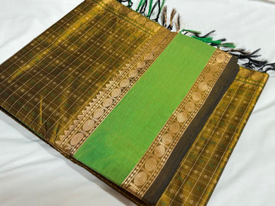 Bronze Gold with Parrot Green Lakshadeepam Motifs Handwoven Premium Kanjivaram Silkcotton Saree Beauty
