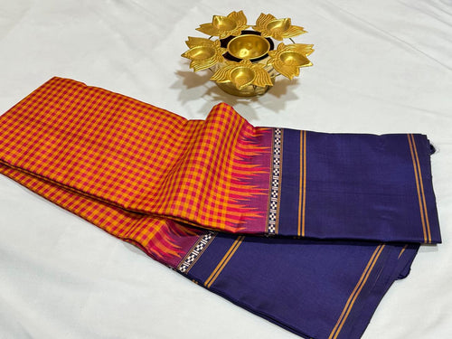 Vintage Recreation Vyjayanthimala Style Checks- Orange with Red Podikattam with Navy Blue Temple Borders Handwoven Pure Zariless Korvai Soft Kanjivaram Silk Saree Beauty