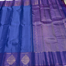 Sahana- Gorgeous Royal Blue with Purple Handwoven Pure Jari Kanjivaram Silk with beautiful striped body with jari oosi striped buttas woven borders rich beautiful pallu and contrast woven blouse