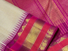 Offwhite with Muted checks tomato pink Handwoven Pure Jari Korvai Kanjivaram Silk Saree Beauty