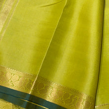 Sahana- Stunning Bright Lime Green with Gold Small Borders with Buttas Handwoven Pure Kanjivaram Silk with Bottle Green Selvedges Rich Pallu and Self Colored blouse
