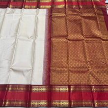 Vaibhogam-Gorgeous Offwhite with Deep Maroonish Arakku  and Orange  Vairaoosi Korvai with Rettapet  Borders Handwoven Pure Jari Kanjivaram Silk Saree with rich pallu and contrast oosi woven blouse
