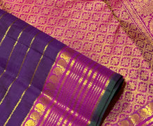 Sahana- Gorgeous Deep Purple with Deep Magenta Pink Handwoven Pure Jari Kanjivaram Silk with beautiful Jari Veldhari body with rich borders pallu and contrast woven blouse