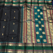 Black with Emerald Green Handwoven Pure Kanjivaram Silk Saree with thilagam buttas woven body doublepet borders elephants woven pallu and contrast blouse