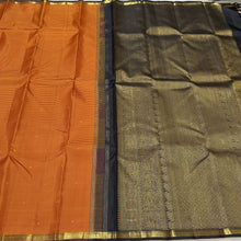 Saranga- Beautiful Burnt Orange with Black Buttas with Small borders Handwoven Pure Jari Podikattam Checked body with rich yazhis elephants mayil chakram woven gorgeous pallu and contrast black blouse