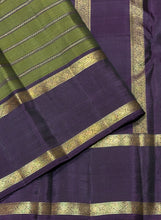 Sarasangi- Beautiful Olive Green with Deep Beetlenut Purple Handwoven Pure 2g Jari Kanjivaram Silk with Neli Veldhari in Jari woven beautiful body with doublepet borders rich woven pallu and contrast woven blouse beauty