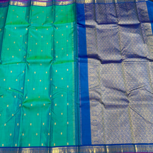 Peacock Green Blue with Blue Buttas Small borders Handwoven Pure Jari Kanjivaram Silk Saree Beauty