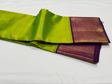 Sneha Green with Deep Purple Handwoven Pure Jari Korvai with Buttas Kanjivaram Silk Saree Beauty