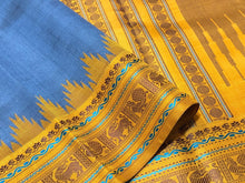 Elephant Grey with Mustard Zariless Handwoven Pure Korvai Kanjivaram Silk Saree buttas with temple borders