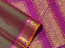 Manthulir Green with Magenta Pink Handwoven Small Borders Pure Jari Kanjivaram Silk Saree Beauty