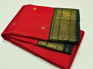 Red with Bottle Green Buttas Korvai Handwoven Pure Jari Kanjivaram Silk Saree Beauty