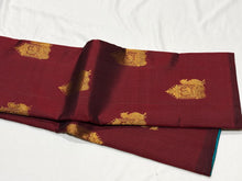Rare Combination- Dark Maroon with Peacock Blue Green Borderless Muthukattam with Peacock Chariot Buttas Handwoven Pure Jari Kanjivaram Silk Saree Beauty