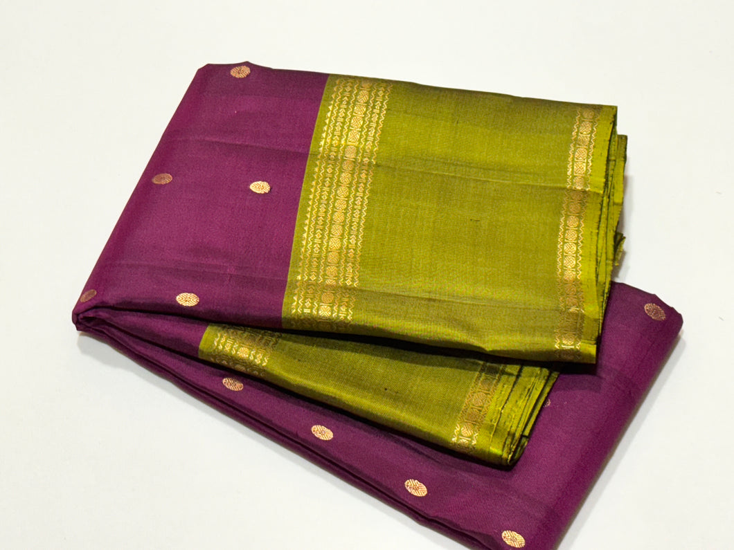Dark Wine with Sampangi Green Buttas with Rettapet Borders Handwoven Pure Classic Simple Kanjivaram Silk Saree