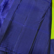 Vaibhogam- Stunning Parrot Green  with Deep Blue  Handwoven Pure Jari Korvai Kanjivaram Silk with beautiful muted checks woven body with gorgeous Hamsas woven on either side of the borders with beautiful rich paisleys wovepallu and contrast Blue blouse