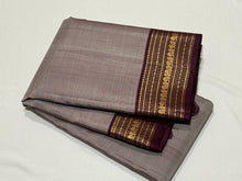 Greyish Abirami with Deep Purplish Brown Handwoven Pure Kanjivaram Silk Saree with intricate borders classy seer pallu and contrast woven blouse