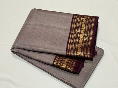 Greyish Abirami with Deep Purplish Brown Handwoven Pure Kanjivaram Silk Saree with intricate borders classy seer pallu and contrast woven blouse